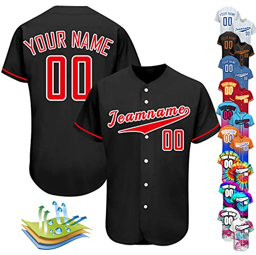 Individuelles Baseballtrikot, personalisierbar, Baseball-Shirts für Herren, Damen, Kinder, Druck, Namennummern, Button-Down-Sportuniform, Schwarz-Rot-Größe 5, S-4XL