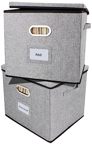 TARSUKA Vinyl Record Storage Box Hold 100+ Lp Albums Foldable Storage Bin with Lid Record Holder for Albums, CDs, DVDs (Grey, Large-2pcs)