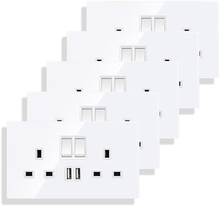 JIMEIDA 5 Pack Double Switched Socket 13 Amp with 2 USB Charging Ports Crystal White Glass Panel Wall Outlet Electric Power Socket