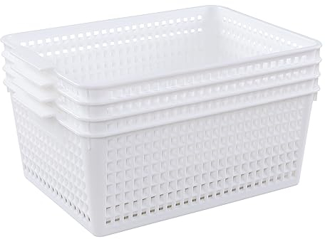 Obstnny 4 Pack Plastic Woven Storage Baskets, White Kitchen Cupboard Storage Basket Box