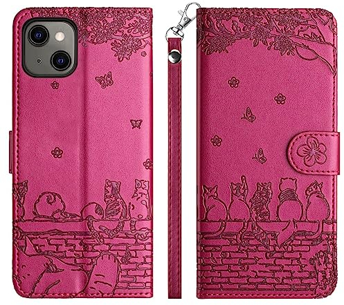 Aisenth Handyhülle für iPhone 14 (6,1 Zoll), Katze, Schmetterlings Muster Leder Handytasche Brieftasche Klapphülle Etui Flip Case Schutz Hülle mit Ständer, Kartenfächer -Violett Rot