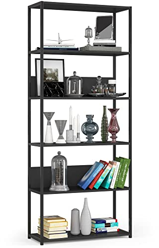 AKORD Bücherregal mit 6 Ablagen 80cm breit | Industrial/Loft-Style | Offen | Skelettbauweise | Standregal | Holz/Metall | Für Küche, Schlafzimmer, Büro | Regal mit Metallrahmen | Schwarz