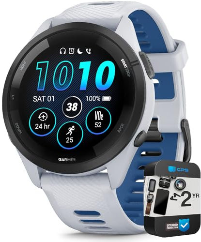 Garmin 010-02810-01 Forerunner 265 GPS Smartwatch Whitestone/Tidal Blue Bundle con 2 anni CPS Enhanced Protection Pack
