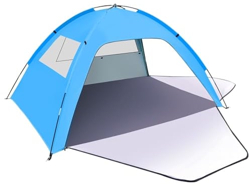 Tenda da Spiaggia, Tenda Spiaggia con Protezione UV 80+ con 2 Porte con Cerniera e 2 Finestre in Rete Tenda da Spiaggia Portatile per Famiglia, Tenda Mare,Tenda Sole Spiaggia (Blu)