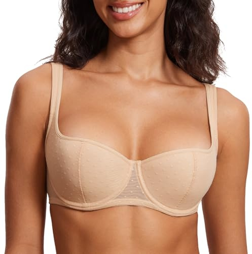 DOBREVA Women's Balconette Bra Lightly Padded Plus Size Sexy Mesh Demi Underwire Bras Wide Cushioned Straps Beige 36B