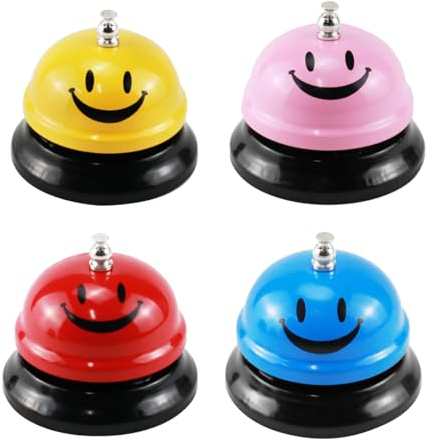 4 campanelle di chiamata, campanello, campanello, campanella da tavolo, campanelle da allenamento, campanella a mano con motivo sorriso, campana per hotel, aule, matrimoni, ristorante, bancone,