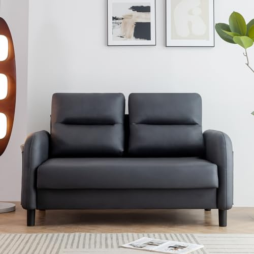 2 Seater Leather Sofa Couch Loveseat With Armrest for Small Spaces Black | Faux Leather Small Settee for Living Room, Comfortable Modern