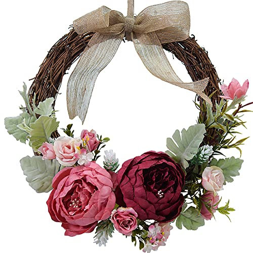 Xnferty Pfingstrosen-Kranz, 25,9 cm, Künstliche Frühlings-Pfingstrosen-Blumenkränze, Haustür mit Eukalyptusblättern, Künstliche Seide, Rot-rosa Pfingstrosen-Blumenkranz mit(Rosenrot)
