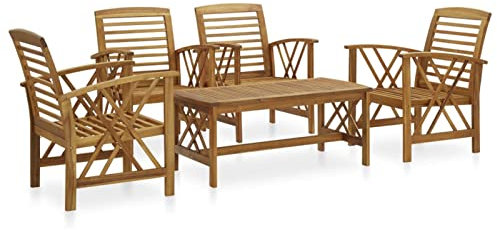 Homgoday 5-teiliges Gartenmöbel-Set aus massivem Akazienholz, 4 x Sessel + Tisch