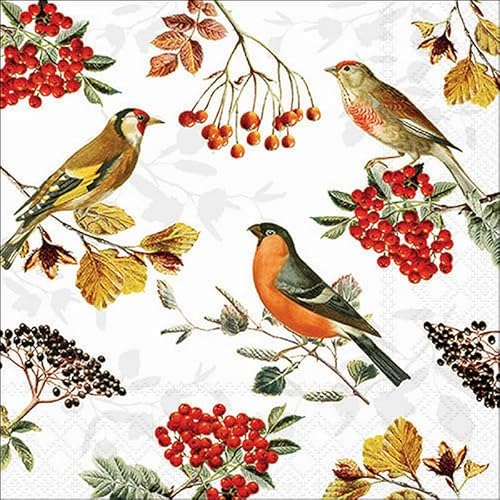 20 Servietten Herbst Vögel an Zweige mit Berren als Tischdeko. Papierservietten mit Motiv. Auch für Decoupage und Serviettentechnik 33x33cm