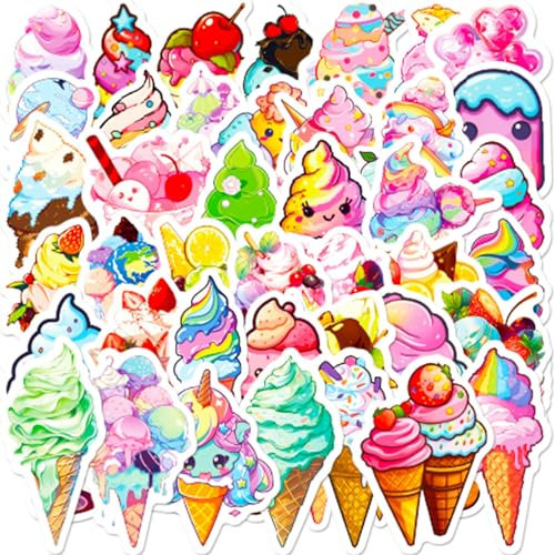 Auiremrti 50 Stück Eiscreme-Aufkleber,Süße Wasserflaschen-Aufkleber für Kinder,Wasserdichte Vinyl-Aufkleber für Laptop,Skateboard, Telefon,Computer