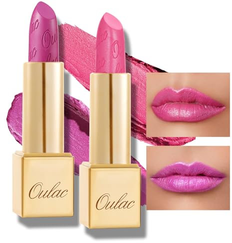Oulac Rosa Metallic-Glanz-Lippenstift-Set, Mattes Metallic-Finish, Hochpigmentierte und Feuchtigkeitsspendende Formel, Glatt und Kornfrei, Vegan 2PCS