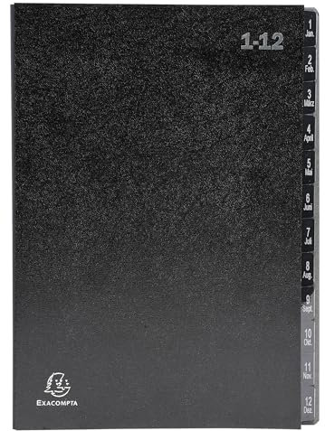 Exacompta - Ref. 57012E Ordnungsmappen, 12 Stück, fester Einband, innen aus recycelter Karte, digitale laminierte Registerkarten mit 1 bis 12-12 Fächern, Maße: 25 x 33 cm, für A4, Schwarz