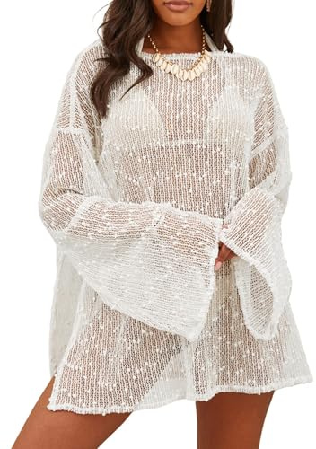 Lilosy Sexy Crochet Sheer Kaftan Caftan Beach Dress Bathing Suit Swim Coverup Summer Vacation Outfits One Piece Women Knit See Through Swimsuit Bikini Swimwear White Medium