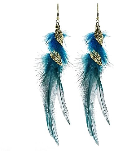 fdsmall Feder Ohrringe für Frauen - Böhmische Fransen Quaste Lange Tropfen Dangle Set - Ethnische Bunte Faux Feder Ohrringe (Blue)