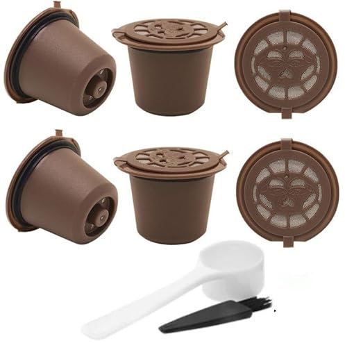 Yerleomit Lot de 6 capsules de café rechargeables pour Nespresso - Capsules de café rechargeables - Capsules de café rechargeables - Avec cuillère à café et brosse - Marron