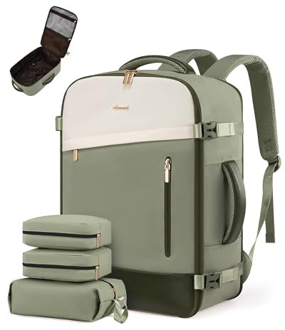 LOVEVOOK Handgepäck Rucksack 40L, 17.3 Zoll Groß Reiserucksack für Damen, Erweiterbares Design, Rucksack Handgepäck Flugzeug, Travel Backpack als Cabin Bag für Reise und Business, Teegrün