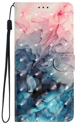 PU Lederhülle für Samsung Galaxy A34 5G Handyhülle Brieftasche Schutzhüllen Ledertasche Rosa Blaue Blume Motive Flip Case Cover Etui Protective Bookstyle Cover für Samsung Galaxy A34 5G