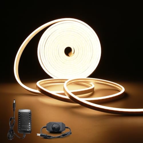 FWoche Neon LED Streifen warmweiß 5M, 3000K LED Streifen dimmbar 12V, mit dimmer und Adapter, IP65 Wasserdicht, Silikon DIY Flexibler Lichtband für Innen Aussenbereich Schlafzimmer Deko
