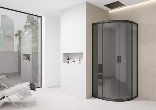 Quadrant Shower Enclosure Black Tinted Screen Grey Walk in Cubicle Sliding Door Entry Shower Tray (800mm Enclosure and 800mm Tray)
