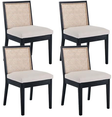 chairus 4er Set Esszimmerstühle Leinen Küchenstühle mit Rattan Rückenlehne Vintage Akzentstühle aus Holz für Esszimmer Küche Wohnzimmer (Schwarz-4)