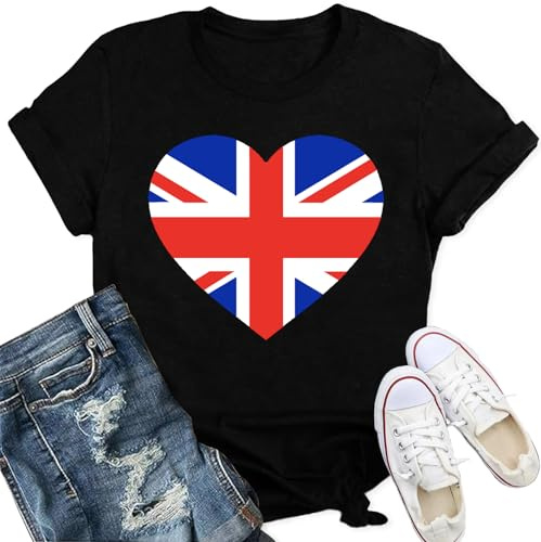 Qskall Women's Union Jack T Shirt British Flag Themed Shirts Heart Print Tee Tops Black