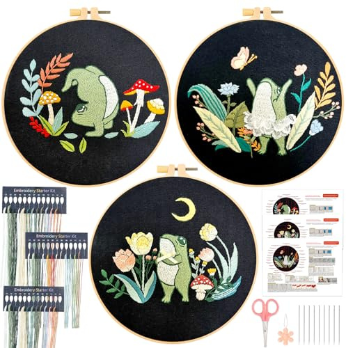 JSRQT 3 Stücke Frosch Stickerei Starter Kit,DIY Handgemachte Gestempeltes Stickerei Kreuzstich Set, Embroidery Starter Kit für Anfänger