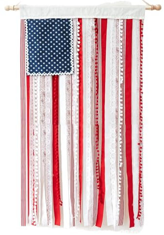 AUklOPVZZ Decorazione da parete con bandiera rossa, bianca e blu per esterni, realizzata a mano, per celebrazioni patriottiche, nastro patriottico in poliestere