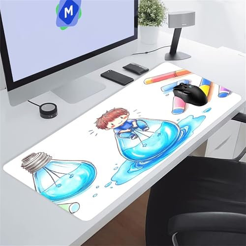 Anime Blanc Bleu Tapis de Souris de Jeu 1500x800x2 mm Grand Tapis de Souris Gaming sous-Main Bureau Gamer Large avec Base Antidérapante Tapis de Clavier Lavable pour Gamer PC