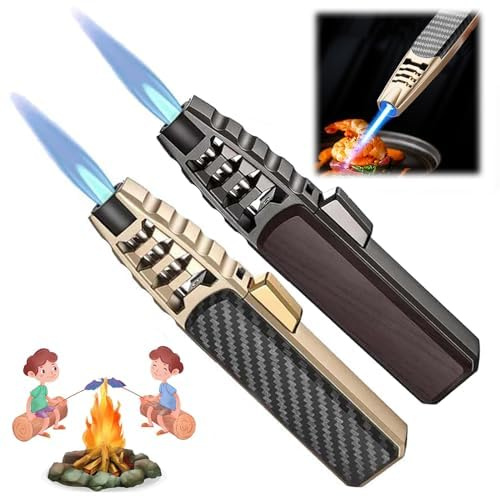 2 Packs Butane Torch Lighter, Windproof Kitchen Cooking Torch with Safety Lock & Adjustable Jet Flame, Refillable Bright Fire Blow Torch for Cooking, BBQ, Baking, Candle, Camping (Butane Not Included)