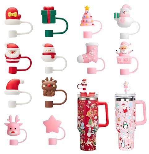 KEORHEZ 12 Stück Silikon Strohhalm Abdeckungen, 10mm Strohhalme Abdeckung Accessories, Weihnachtsdesign, Wiederverwendbare, Kompatibel mit 40 oz/30 oz Tumbler