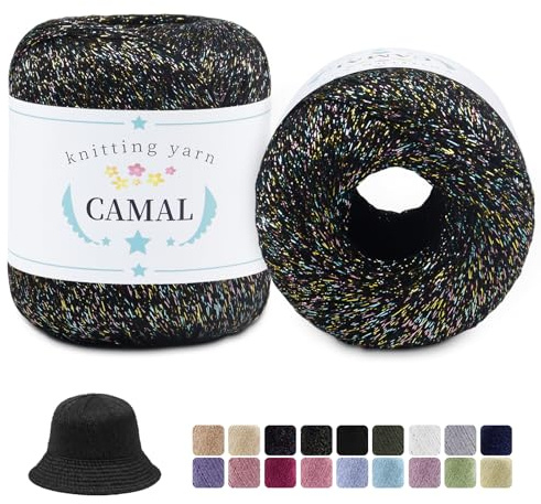 CAMAL 2 Stück Metallic Häkelgarn Dünn Garn 200m x 2 Glitzer Baumwolle zum Häkeln, Metallic Baumwollgarn zum Häkeln für Kleidung, Mützen, Schals, DIY-Projekte (Bunt)