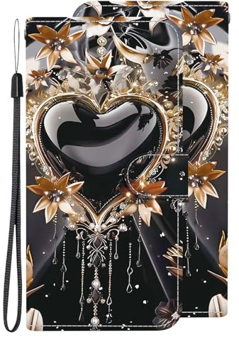 BLOTECH Handyhülle für Realme 8 Hülle Klare lebendige Eindrücke Muster PU Lederhülle Flip Case Tasche Magnet toßfest Klapphülle Schutzhülle für Realme 8,Schwarzer Herzschmuck