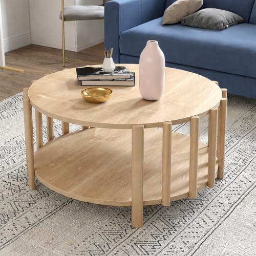 WODHMIEY Couchtisch Rund 70cm Beistelltisch Skandinavischen Wohnzimmertisch aus MDF Holzoptik mit Doppelter Ablage Stabiler MehrsäUlen Konstruktion Platzsparender Tisch füR Kleine RäUme (Holzoptik)
