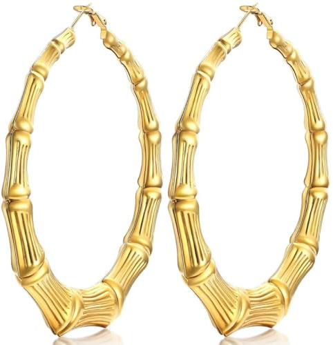 BSLVWG Damen Bambus-Creolen vergoldet mit 18 Karat, extra groß, modisch, Hip-Hop, große Gold-Creolen aus den 80er und 90er Jahren, personalisierte Party-Ohrringe, Schmuck