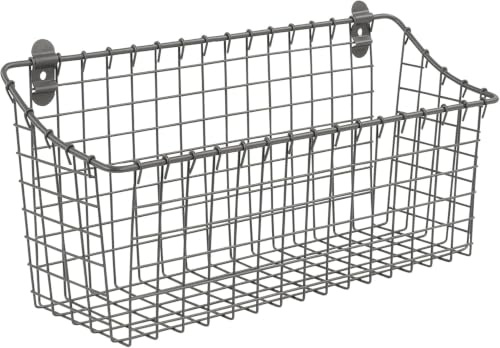 Spectrum Extra Large Wire Wall Mount Storage Basket Industrial Gray, Vintage Wire Basket Wall Mount Organizer Modern for Pantry Kitchen and Bath, Versatile Wall Mount Storage Basket Wire Caddy