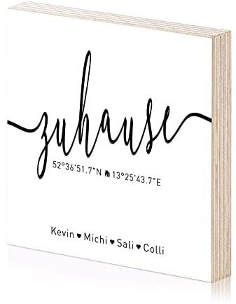 Yuweli® Holzbild Zuhause personalisiert mit Namen und Koordinaten Einweihungsgeschenk als Geschenk zum Einzug oder Geschenkidee zur Einweihung Richtfest Einzug Umzug Hausbau Wand-Bild