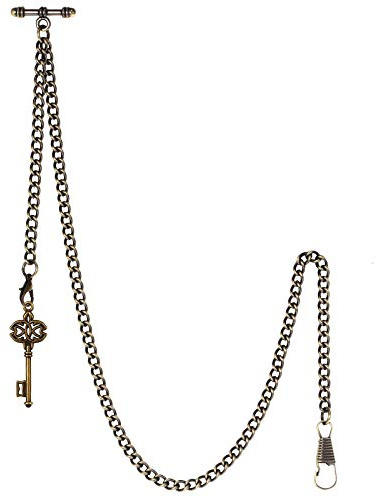 TREEWETO Men's Double Albert Chain Pocket Watch Curb Link Key Chain 2 Hooks with Antique Key Pendant Design Charm Fob T Bar