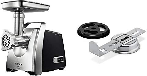 Bosch MFW68660 ProPower Fleischwolf (hohe Blockierleistung 2200 Watt, schnelles Verarbeiten, 880 Watt) schwarz & MUZ9SV1 Spritzgebäckvorsatz aus Edelstahl für Fleischwolf zu Küchenmaschine MUM9