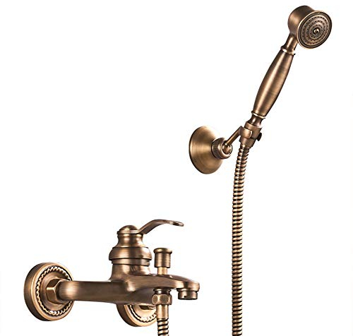 Fw Grifo De Bañera Y Ducha, Latón Mezclador Monomando, Incluye Soporte Y Manguera De 150 Cm, Montaje En Pared, Acabado Latón Envejecido