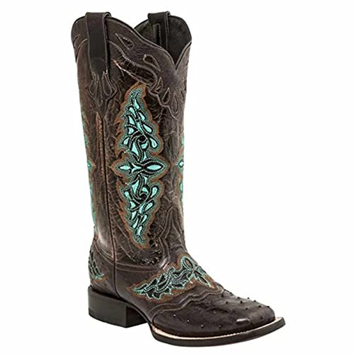 Stivali da equitazione da donna, stile vintage Chunky Heel Cowgirl Cowboy con punta quadrata in pelle ricamata, stivali da equitazione, Marrone marrone., 36 EU