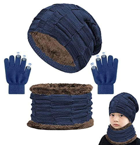 CheChury Enfants Bonnet Tricoté Écharpe Gants d'hiver Tour De Cou avec Double Polaire Chaud Écharpe et Chapeau pour Garçons et Filles, 3 Pièces