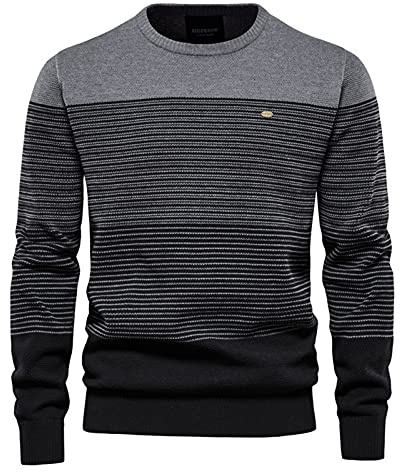 BeerMmay Herren gestreifter Kontrast Pullover - schmaler Rundhals, Casual Top