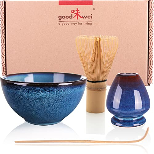 Goodwei Matcha Kit | Bol Matcha Artisanal Chawan, Cuillère e Fouet à Matcha avec Support de Fouet en Céramique au design assorti | Service à Thé Japonais (Safaia, 80)