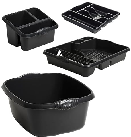 JMS we create smile [𝐒𝐞𝐭 𝐨𝐟 𝟒] Plastic Dish Drainer with Sink Tidy, Washing Up Bowl & Cutlery Tray-Home/kitchen Accessories (Midnight Grey/Dark Grey)