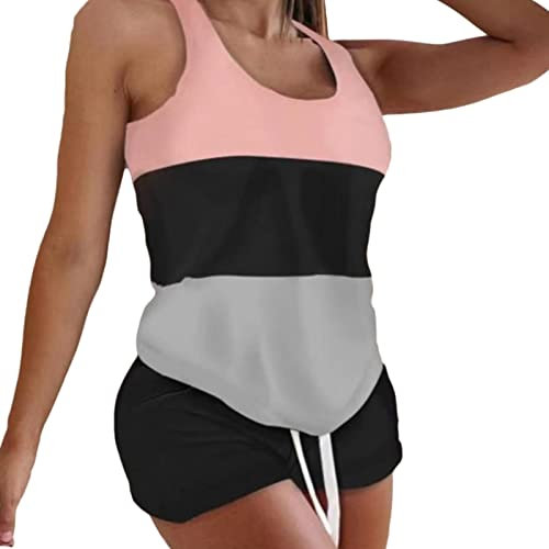 Women's Sleeveless Pajamas Set Striped Scoop Neck Tank Top Short Jumpsuit Casual Summer Cami Pj Sets with Belt, Color 1, S