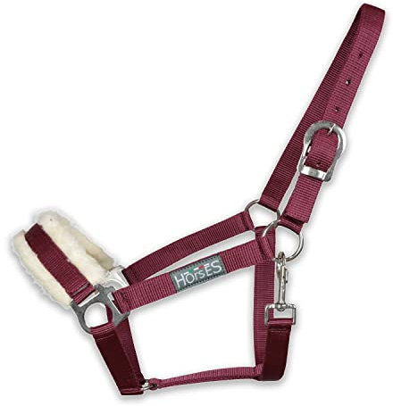 Horses, Halfter Winry mit Fell, Komfortables Halfter zum Führen des Pferdes an der Hand oder zum Sichern beim Putzen, Satteln oder Transportieren (Full, Bordeaux)