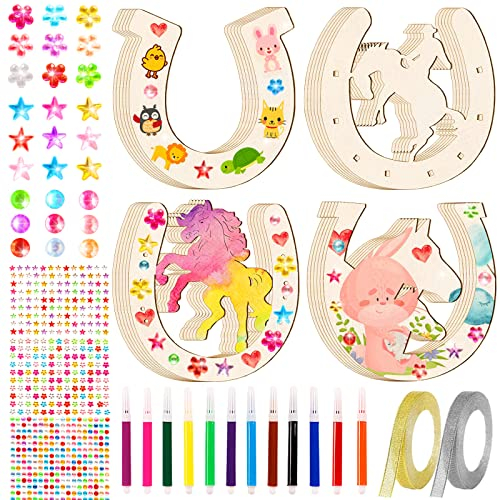 RUIJIE Hufeisen Holz, Hufeisen Kindergeburtstag, 24 Stück Scheiben Hufeisen mit 998 Glitzersteinen, 12 Aquarellstift & 2 Glitzerband, Holz Hufeisen Basteln für Kinder Party, Geburtstagsdeko, DIY