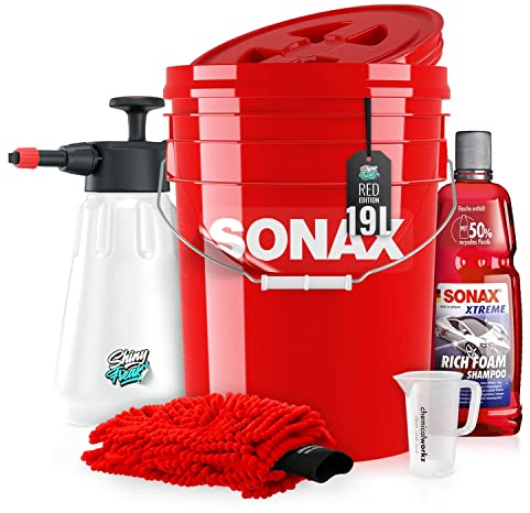 Auto Wascheimer Set 5GAL: Deckel & Foamer für die Auto Handwäsche + Sonax Rich Foam Shampoo + chemicalworkz Waschhandschuh - Autowäsche, waschen, reinigen, pflegen | 7-teilig