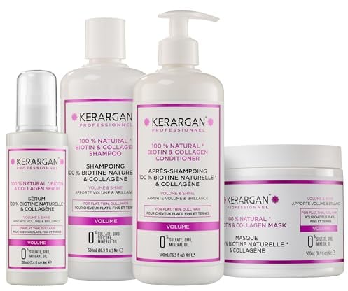 Kerargan - Volumen-Set Shampoo, Conditioner, Maske & Serum mit Biotin & Kollagen für Plattes, Dünnes und Mattes Haar - Volumen und Glanz - Ohne Sulfate & GMO - 3x500ml & 1x100ml